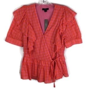 J. Crew Gingham Ruffle Wrap Tie Top in Pink/Orange